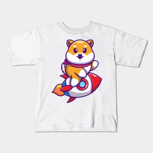 Cute shiba inu dog riding rocket cartoon Kids T-Shirt